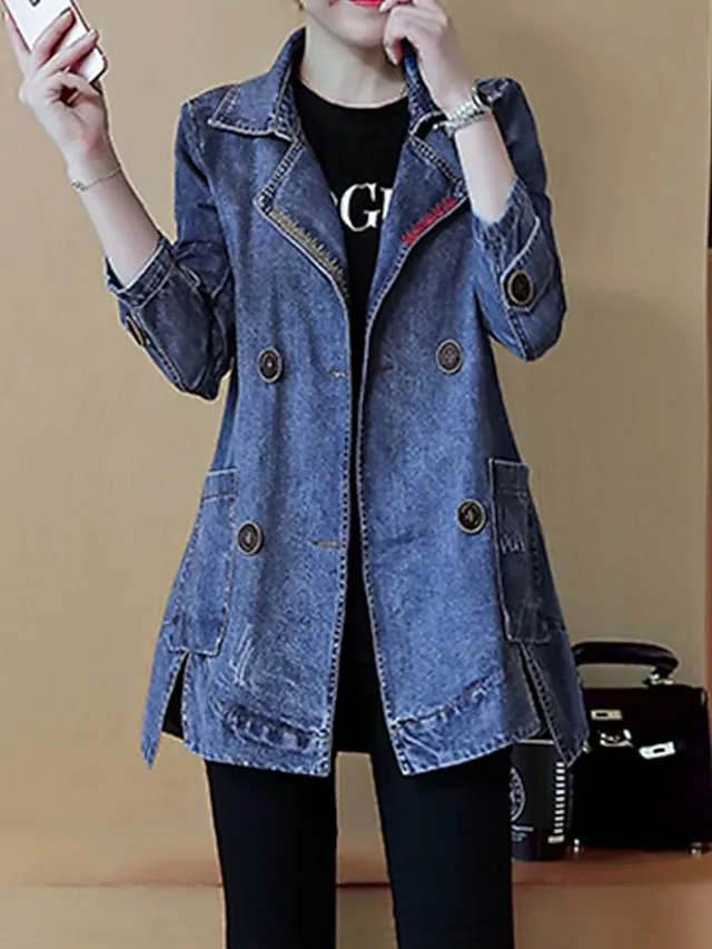 Women's Denim Jacket Regular Coat Regular Fit Warm Breathable Streetwear Elegant Jacket Spring Summer Long Sleeve Solid Color Pocket Navy Blue Outdoor Street Daily
