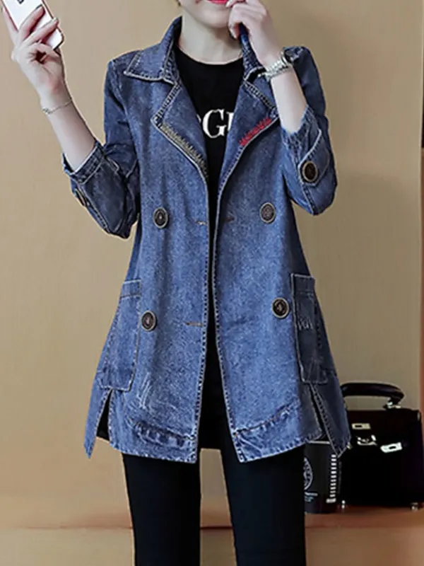 Women's Denim Jacket Regular Coat Regular Fit Warm Breathable Streetwear Elegant Jacket Spring Summer Long Sleeve Solid Color Pocket Navy Blue Outdoor Street Daily
