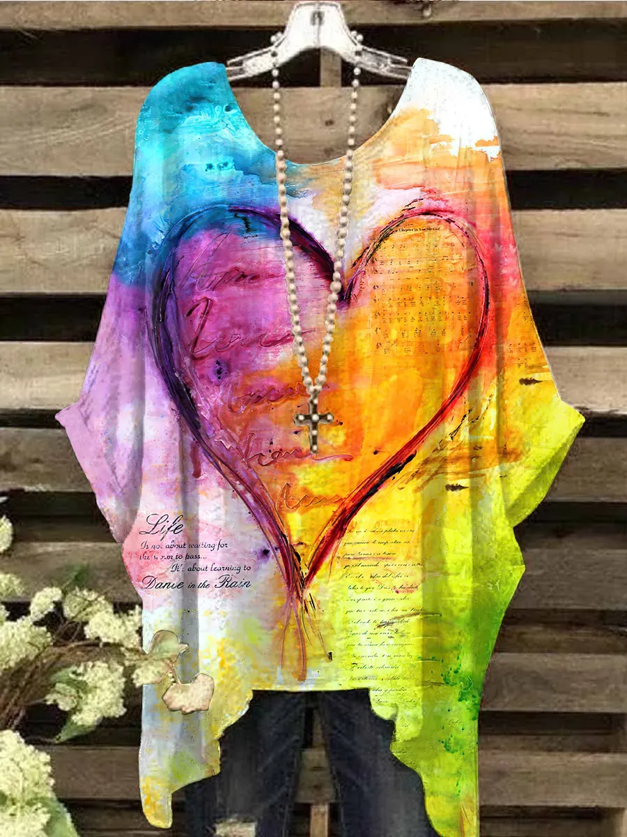 Heart Printed Color Block Women's Casual Top