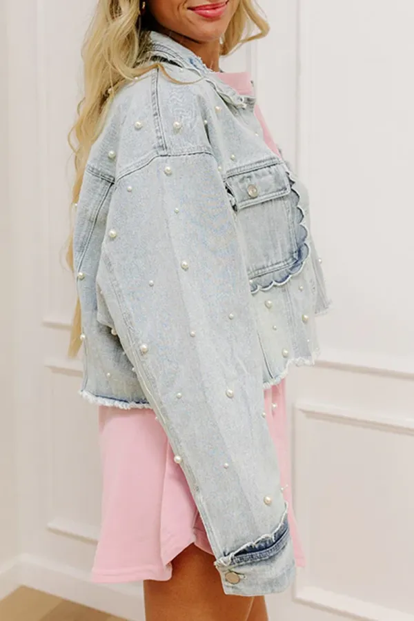 Girly Pearl Embellished Women's Denim Jacket