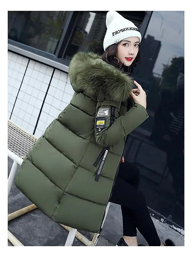Women's Puffer Jacket Long with Pockets Slim Fit Fur Collar Coat powder Bean Green White Black Gray Classic Style Christmas Winter Zipper Hoodie Regular Fit M L XL XXL XXXL / Daily / Windproof