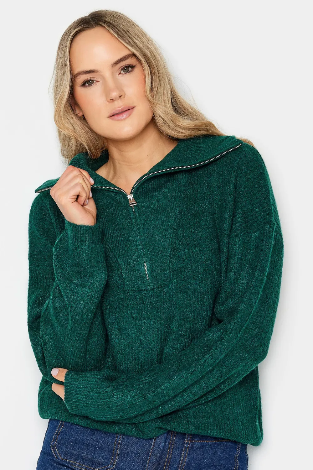 LTS Tall Dark Green Marl Zip Funnel Neck Jumper