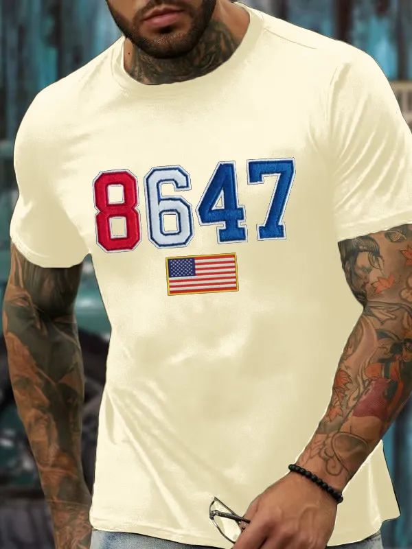Men'S T-Shirt Men'S Vintage 8647 Flag Print T-Shirt Round Neck Cotton Short Sleeves