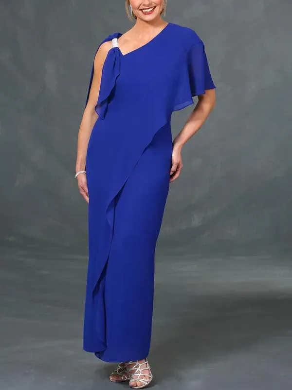 Solid color long dress with sloping shoulders