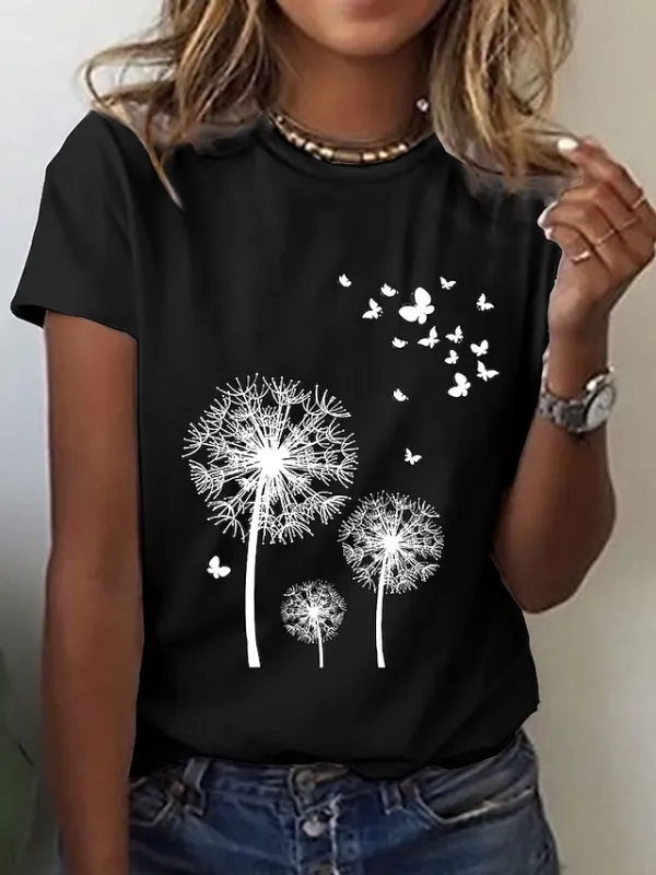 Women's T shirt Tee Black White Butterfly Dandelion Print Short Sleeve Daily Weekend Basic Round Neck Regular S
