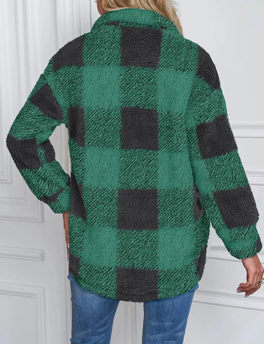 Women's Fleece Plaid Jacket Coats Button Down Lapel Sherpa Shacket Outwear with Pockets