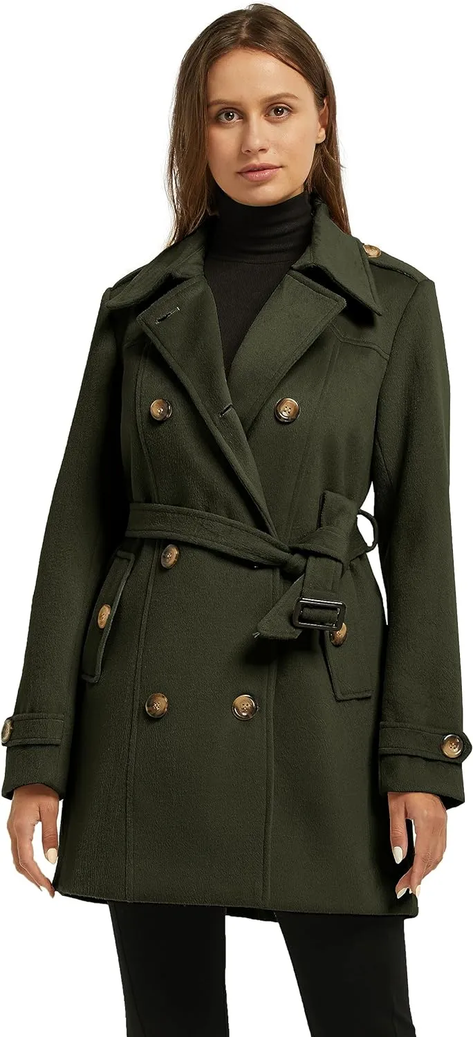 Women's Double Breasted Pea Coat Winter Mid-Long Trench Coat with Belt