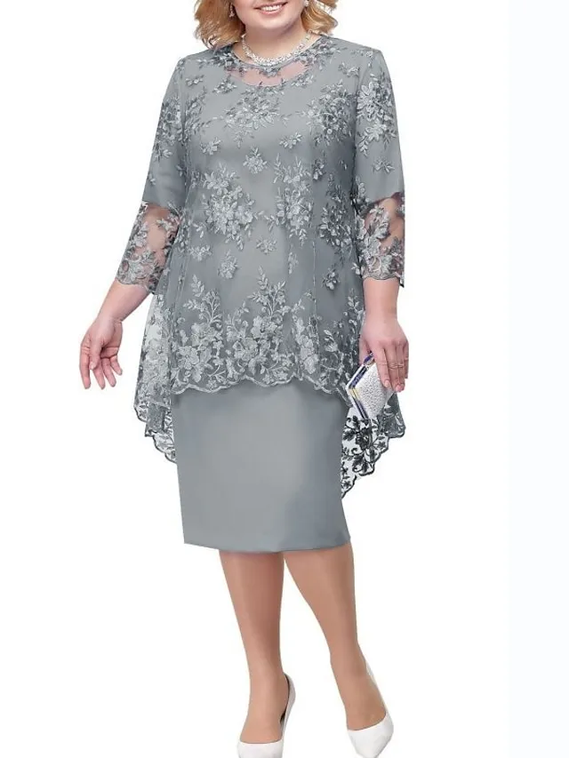 Women‘s Plus Size Party Dress Lace Dress Semi Formal Dress Midi Dress Navy Blue Blue Gold 3/4 Length Sleeve Floral Lace Summer Spring Fall Crew Neck Elegant Party Wedding Guest Dress