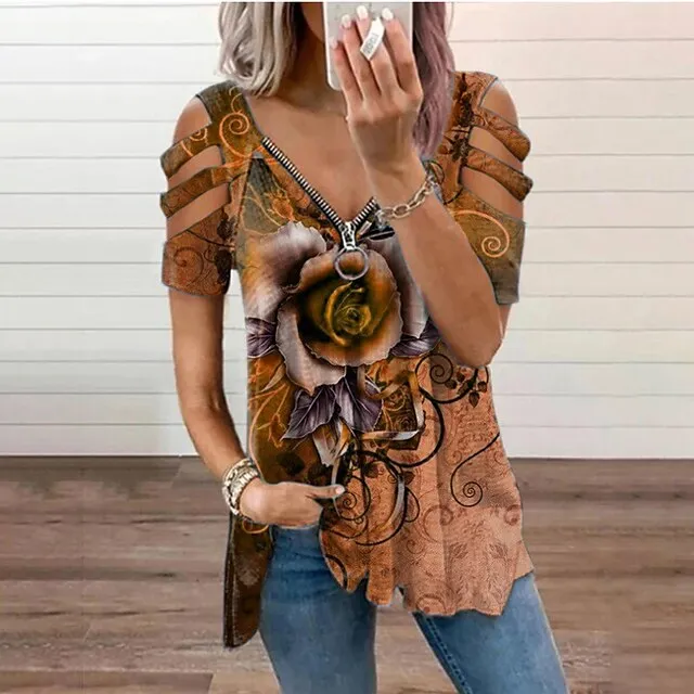 Women Tops T-Shirt Hollow-Out Shoulder Short Sleeve Casual Blouse Shirts Flower Print V-Neck Zipper Shirt