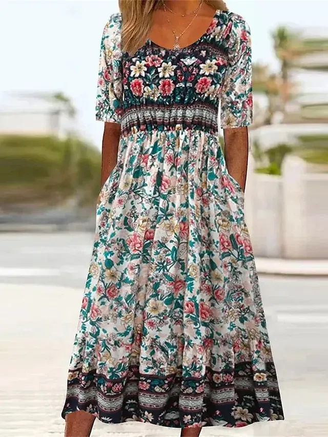 Women's Casual Dress Summer Dress Boho Dress Floral Ruched Pocket Crew Neck Midi Dress Fashion Modern Outdoor Daily Short Sleeve Regular Fit Pink Dark Blue Light Blue Summer Spring S M L XL XXL