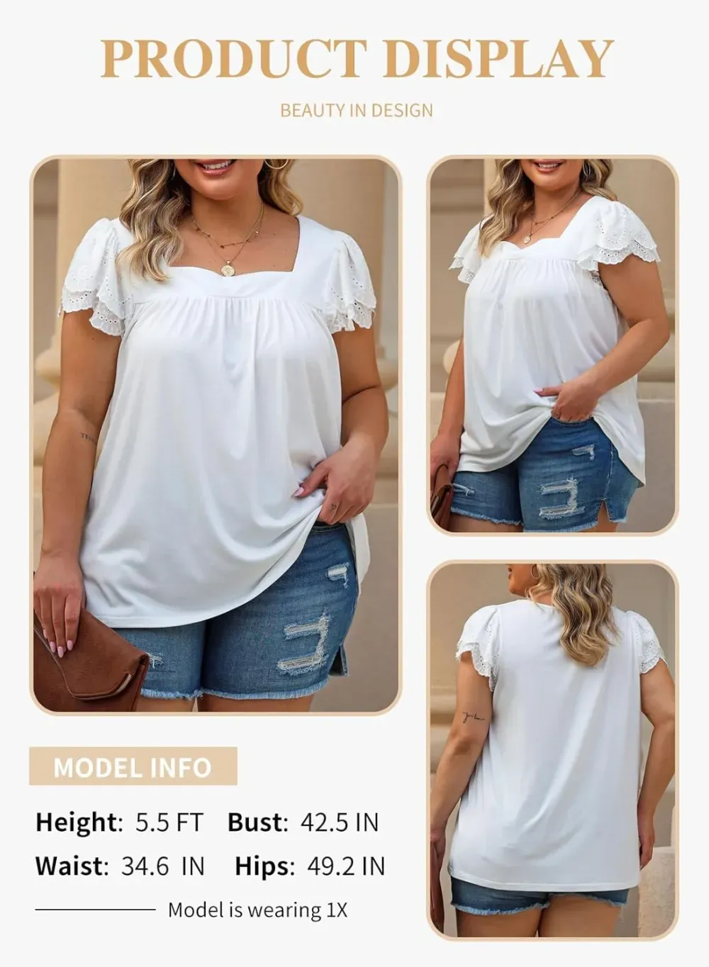 Eytino Womens Plus Size Tops Ruffle Short Sleeve Square Neck Summer Loose Casual Tee Shirts(1X-5X)