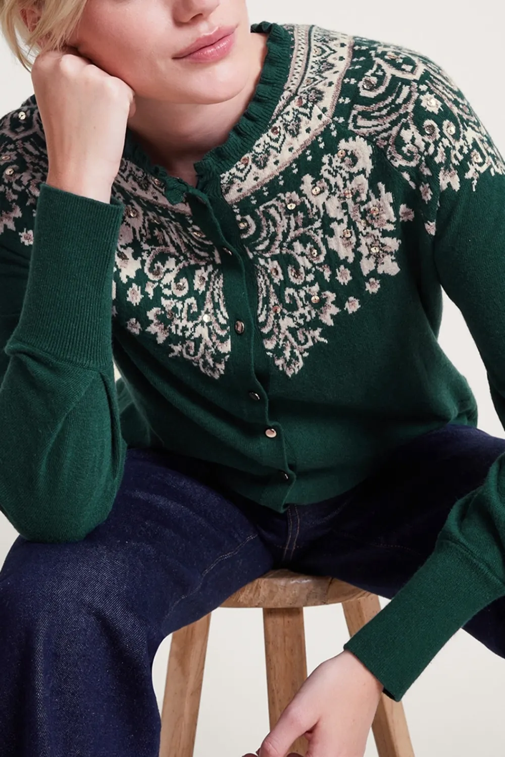 Dark Green Floral Knit Cardigan