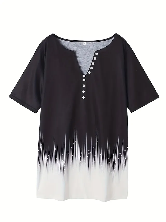 Women's T shirt Tee Henley Shirt Floral Color Gradient Casual Weekend Black Red Blue Print Short Sleeve Tunic Basic V Neck Regular Fit