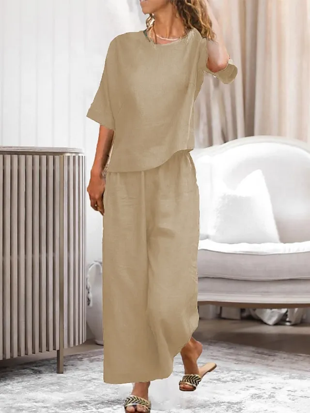 Women's Loungewear Sets 2Pcs Pure Color Short Sleeve Shirts and Wide Leg Pants Casual Comfort Home Daily Polyester Spring Summer Orange Red Navy