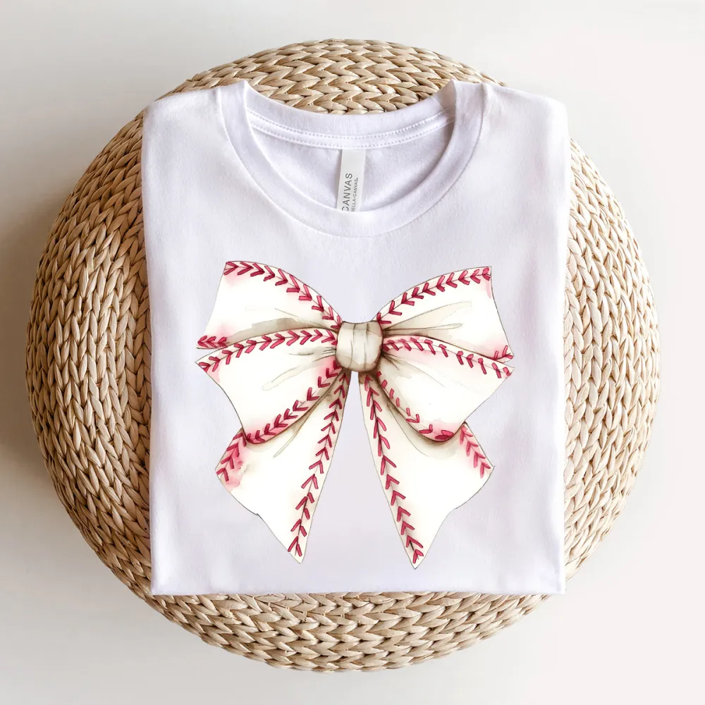 Baseball Bow Printed Round Neck Short Sleeve T-Shirt