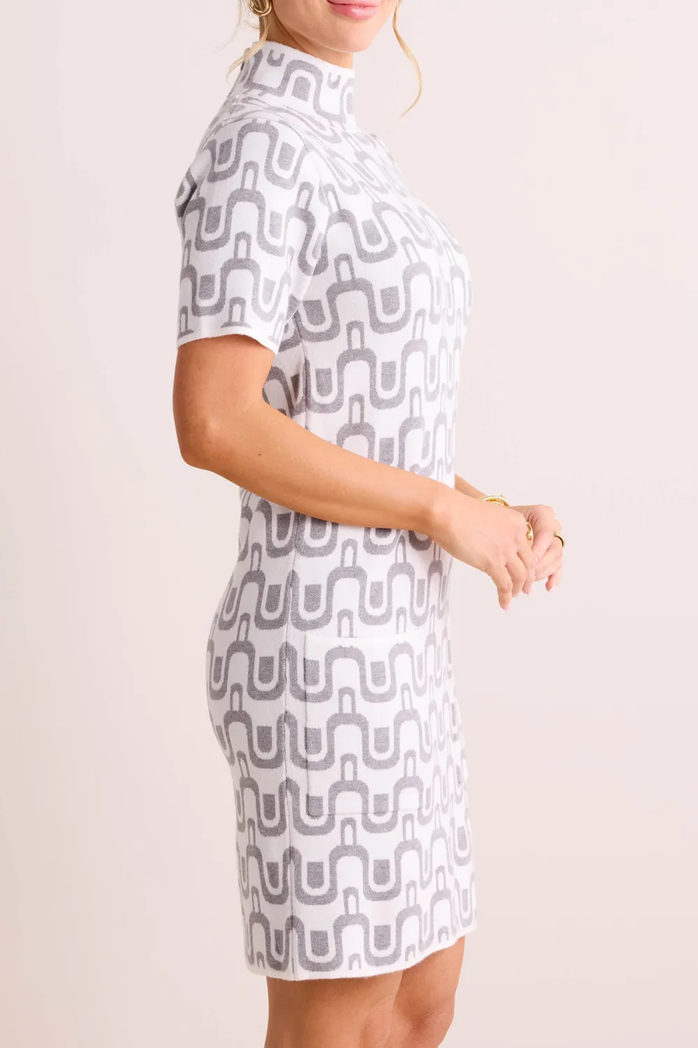 Cream Geometric Print High Neck Dress
