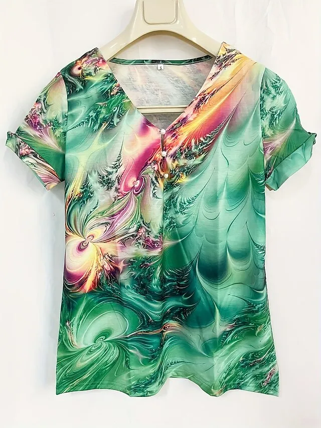 Women's T shirt Tee Graphic Blue Purple Green Button Cut Out Print Short Sleeve Daily Weekend Basic Neon & Bright V Neck Regular Fit