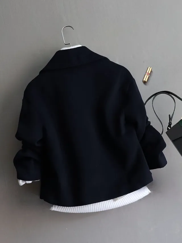 Women's Wool Blend Coat Witer Double Breasted Lapel Pea Coat Fall Crop Over Coat Windproof  Warm Jacket Long Sleeve Solid Color Black Beige