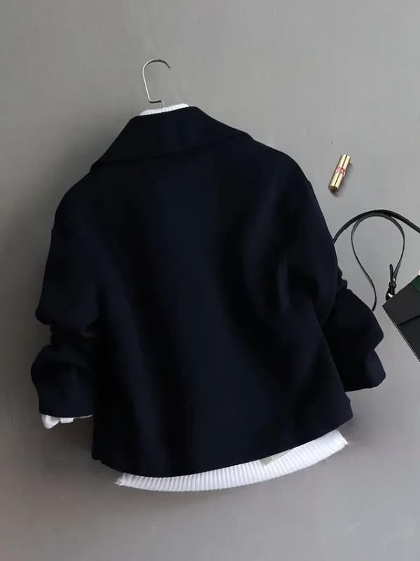 Women's Wool Blend Coat Witer Double Breasted Lapel Pea Coat Fall Crop Over Coat Windproof  Warm Jacket Long Sleeve Solid Color Black Beige