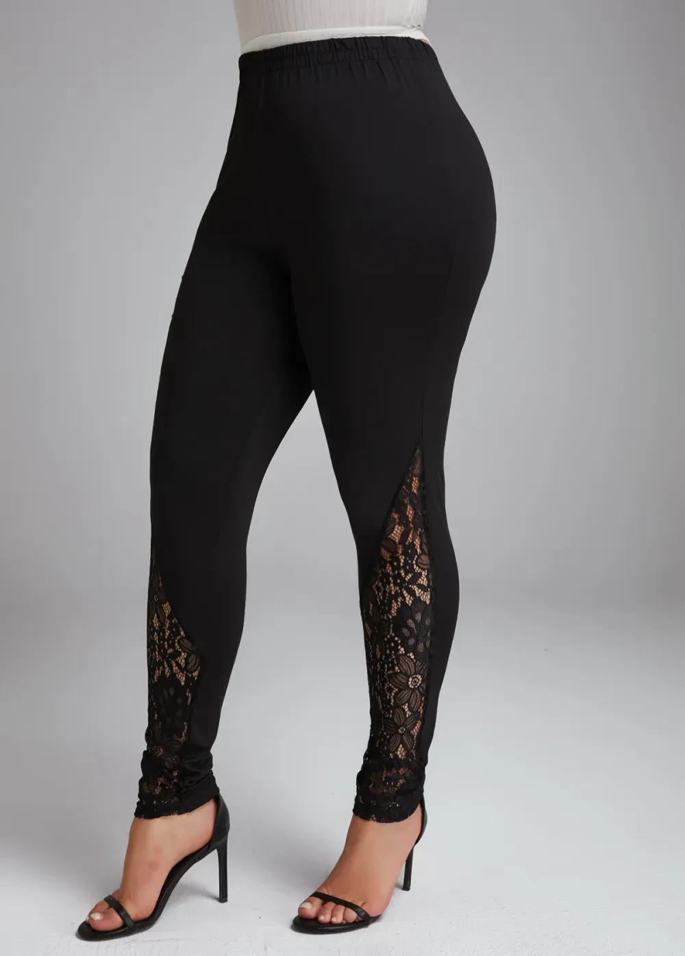 Black Lace Skinny Elastic Waist High Waisted Pants
