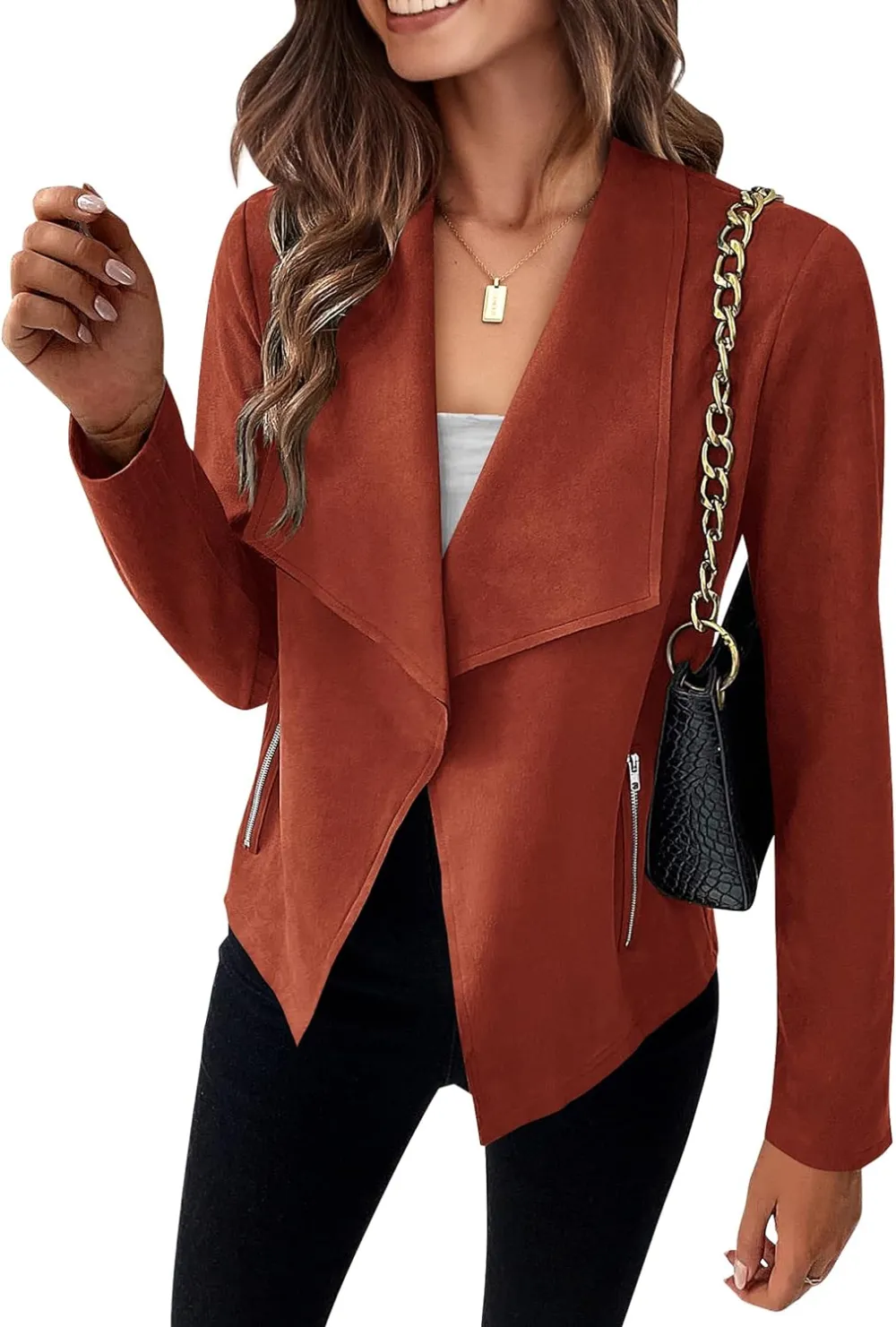 Women's Faux Suede Jackets 2023 Fall Clothes Long Sleeve Open Front Cropped Coat Outwear