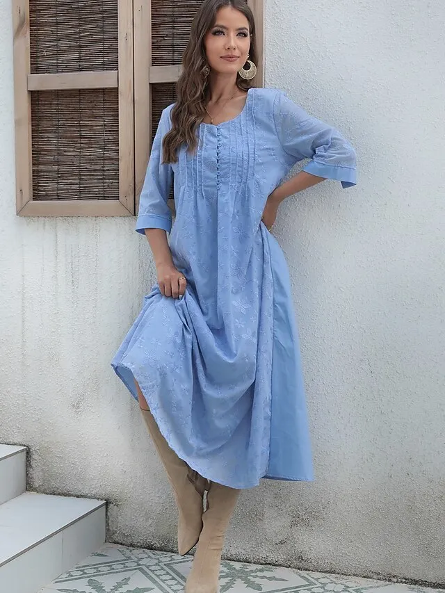 Women's Cotton Linen Dress Casual Dress Midi Dress Cotton Casual Mature Outdoor Daily Vacation V Neck Ruched Pocket Half Sleeve Summer Spring Fall 2023 Loose Fit White Blue Green Plain S M L XL 2XL