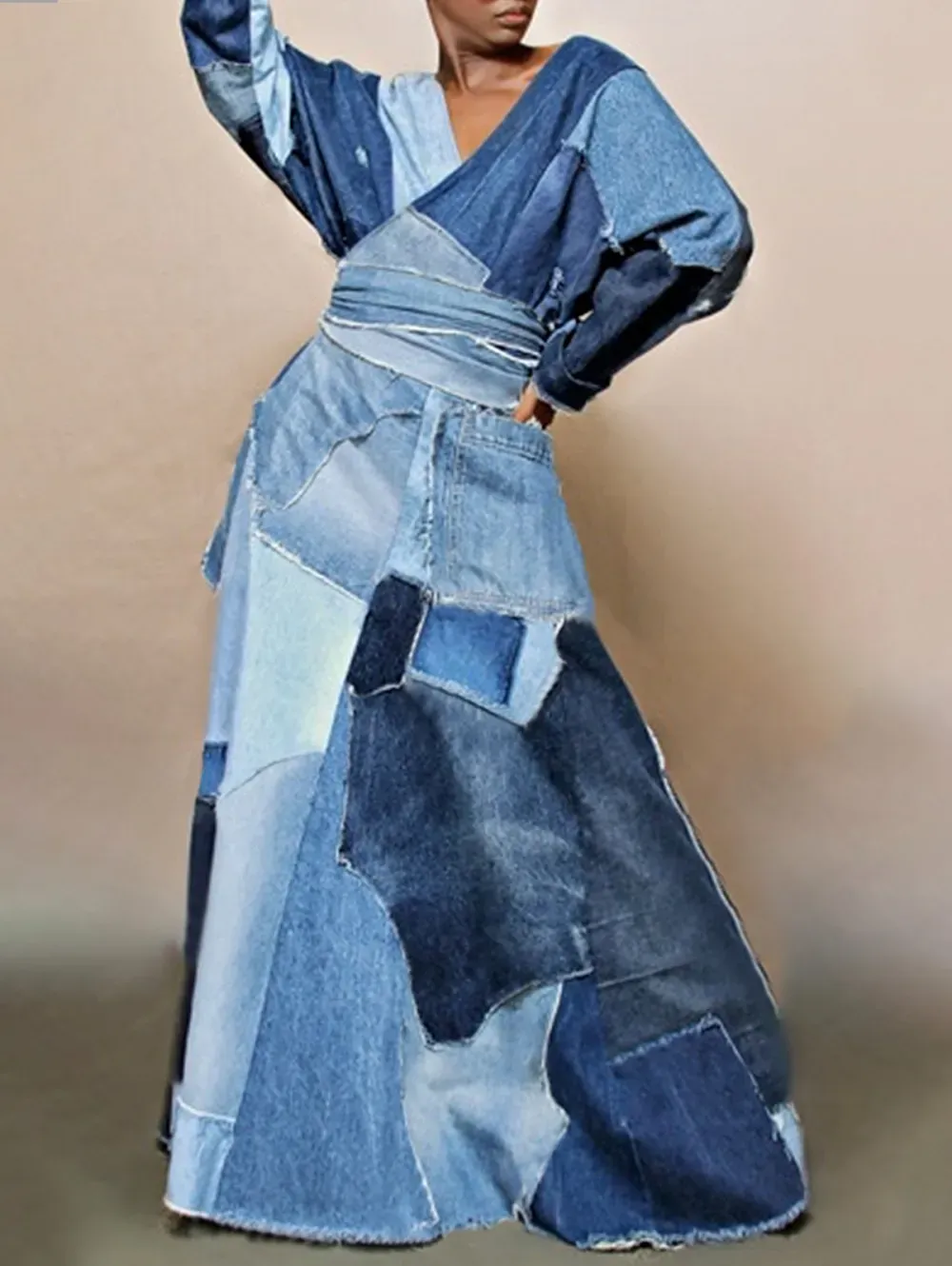 Elegant Colorblock Patchwork V Neck Raw Trim Maxi Dress