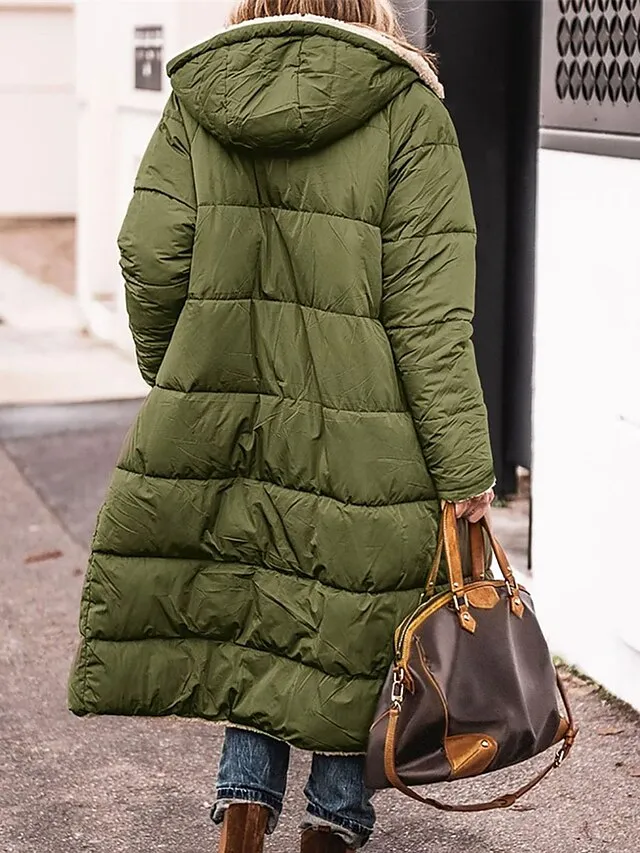 Women's Long Puffer Jacket Winter Fleece Parka  Reversible Thermal Warm Windproof Winter Coat Hooded Jackets Comtemporary Casual Street Style Jacket Long Sleeve Brown Black