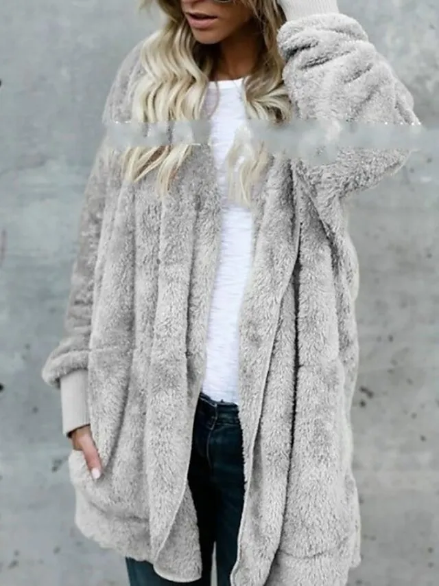 Women's Fleece Jacket Sherpa Jacket Teddy Coat Coat Outdoor Street Daily Fall Winter Long Coat Regular Fit Warm Breathable Casual Jacket Long Sleeve Solid Color Pocket with Pockets Black White Pink