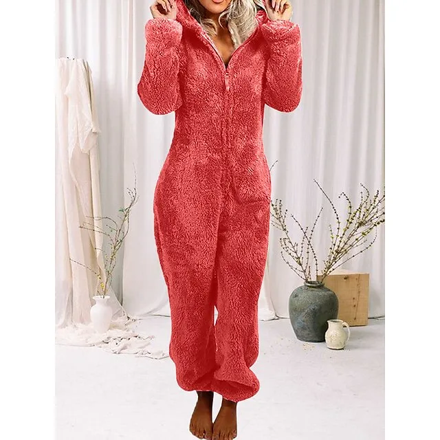 Women's Adult Onesies Onesie Pajamas Pure Color Plush Casual Comfort Home Daily Bed Polar Fleece Warm Hoodie Long Sleeve Fall Winter Light Pink claret
