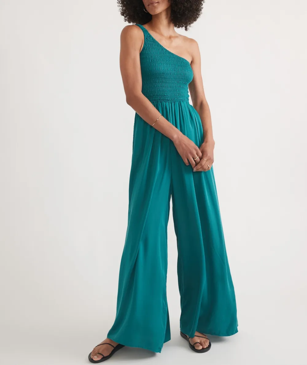 One-Shoulder Smocked Wide-Leg Jumpsuit