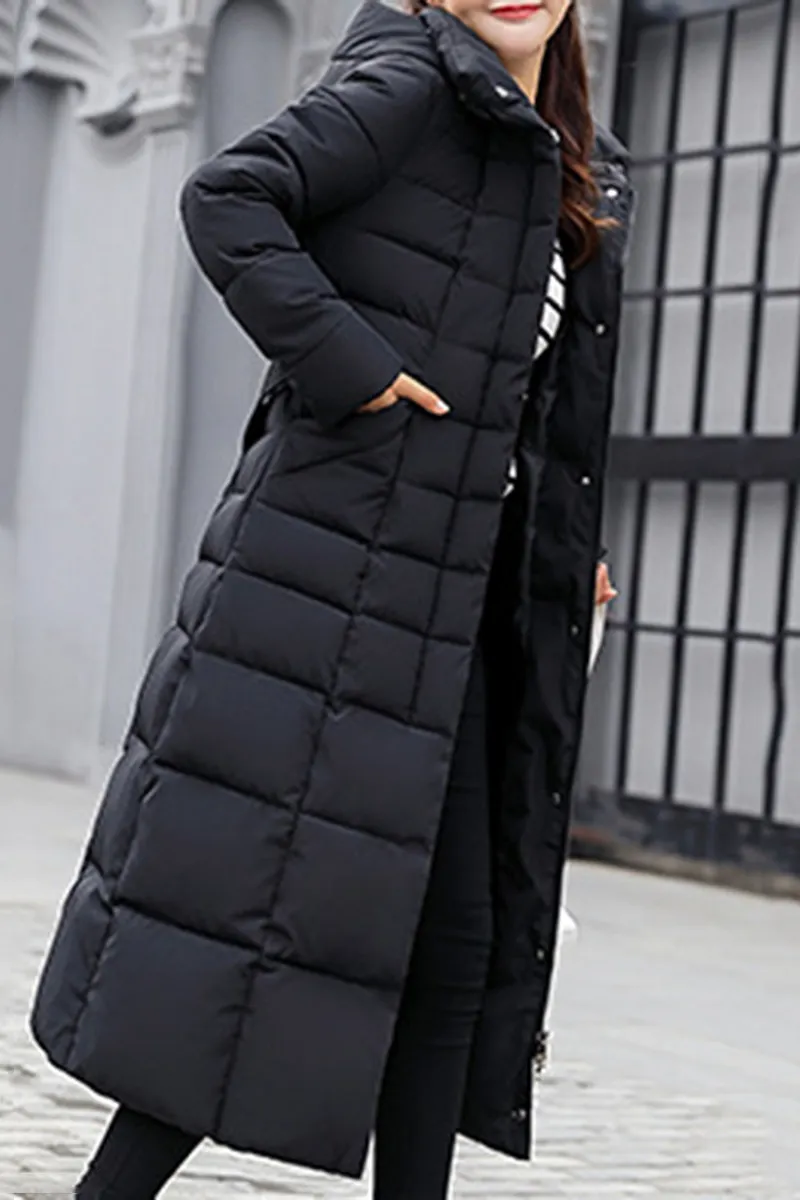 Hooded Fur Collar Belt Plain Coat
