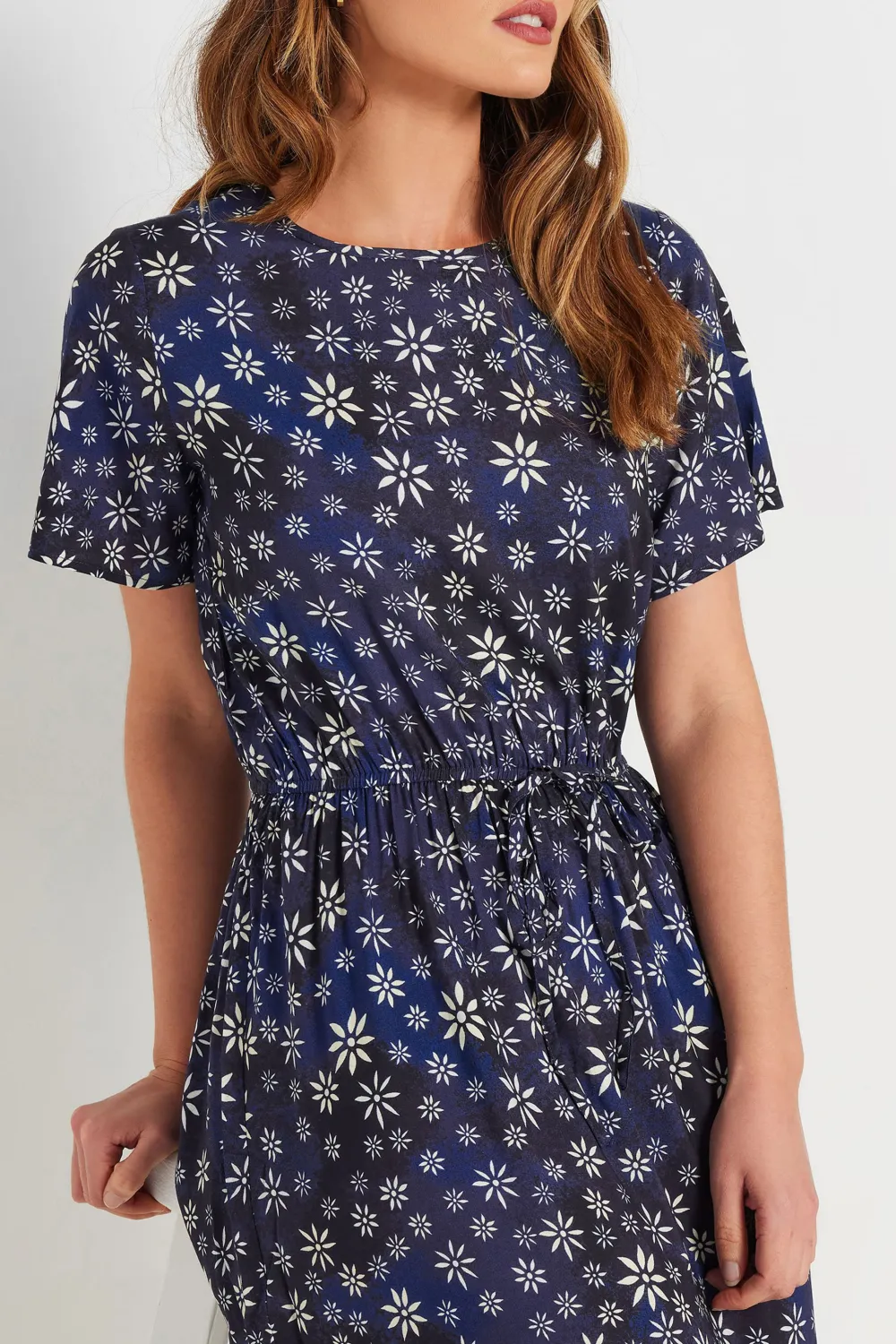 Casual Style Navy Blue Ditsy Floral Tie Waist Dress