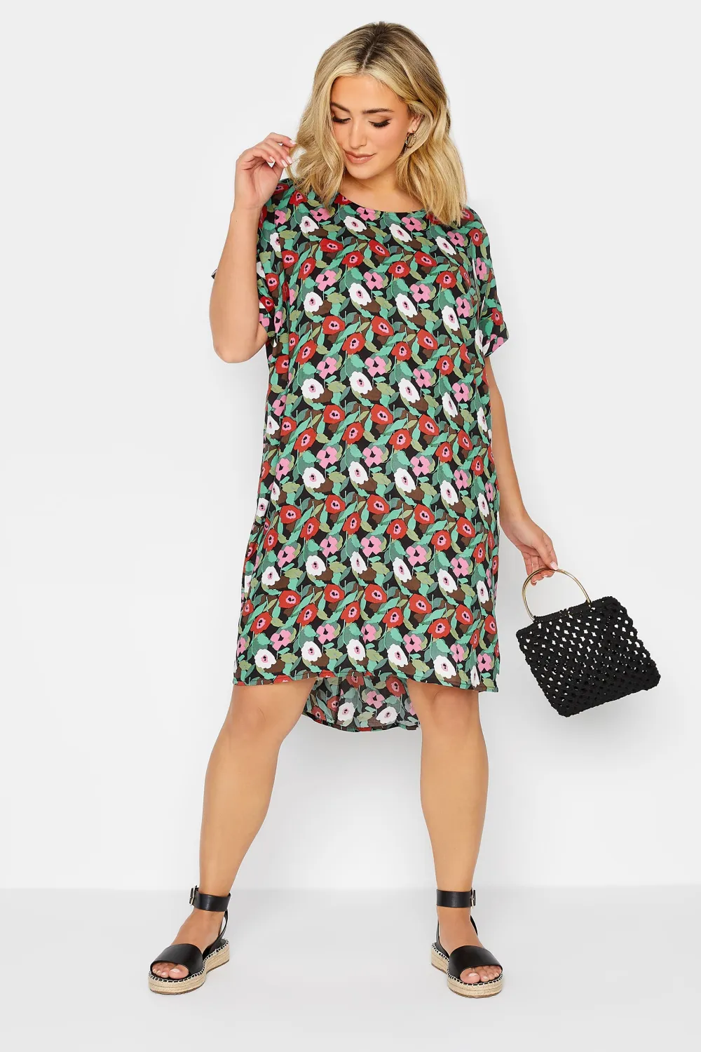 YOURS Curve Black Floral Print Dipped Hem Shift Dress