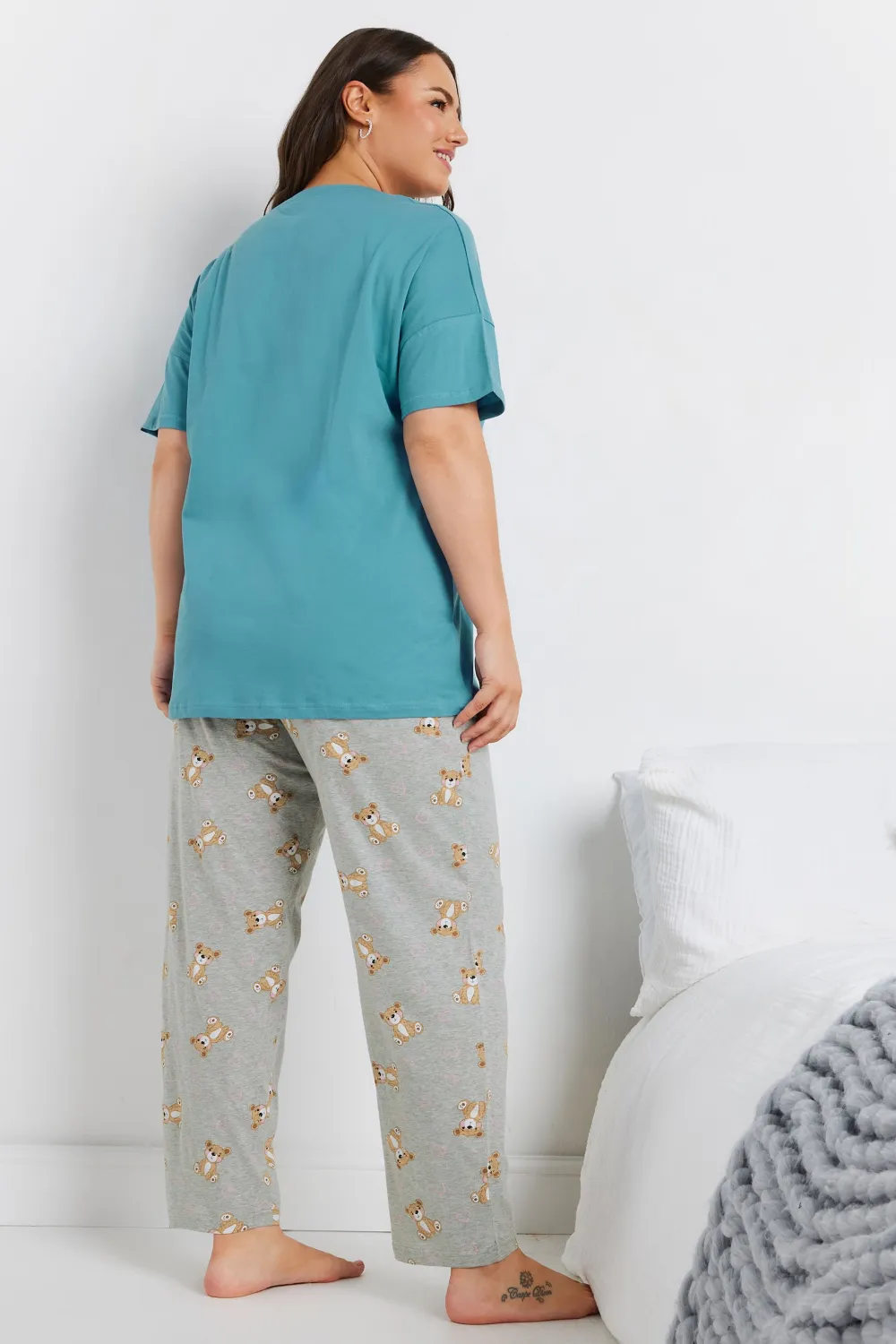 YOURS Curve Blue 'Bear Hugs' Wide Leg Pyjama Set