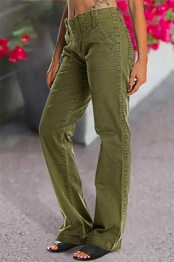 Double Button Mid Waist Straight Leg Pants