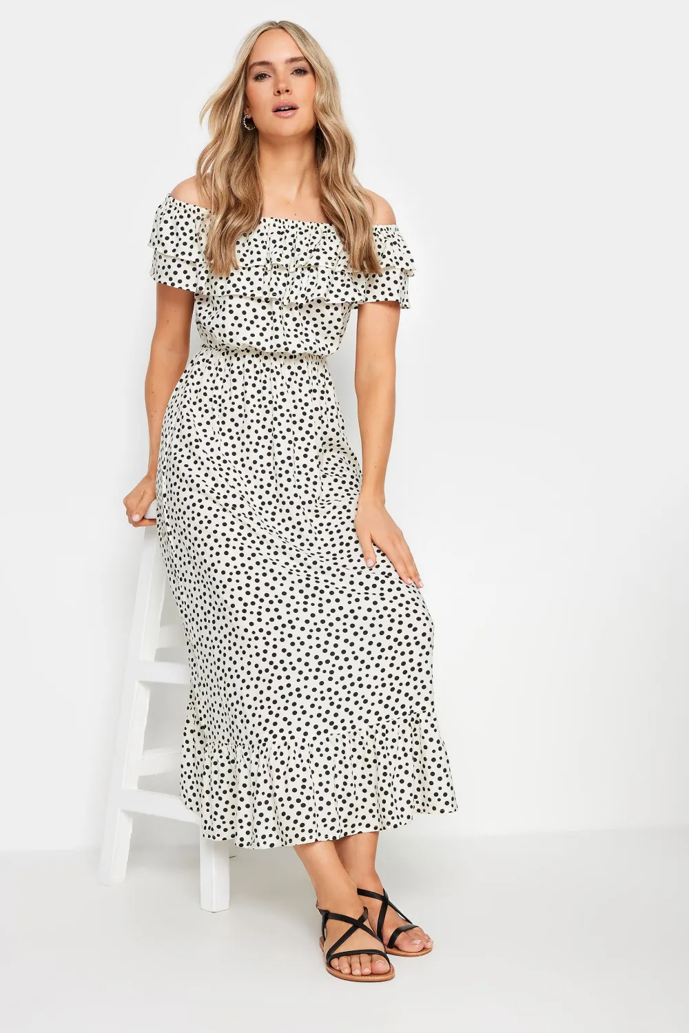 LTS Tall White Polka Dot Bardot Frill Midaxi Dress