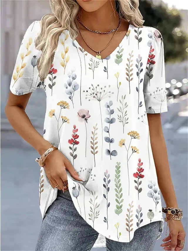 Women's T shirt Tee White Light Green Pink Floral Print Short Sleeve Holiday Weekend Basic V Neck Regular Floral Painting S