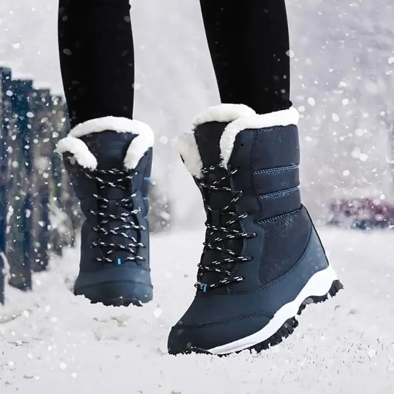 New Fashion Winter Fur Lining Lace Up Waterproof Mid-Calf Boots