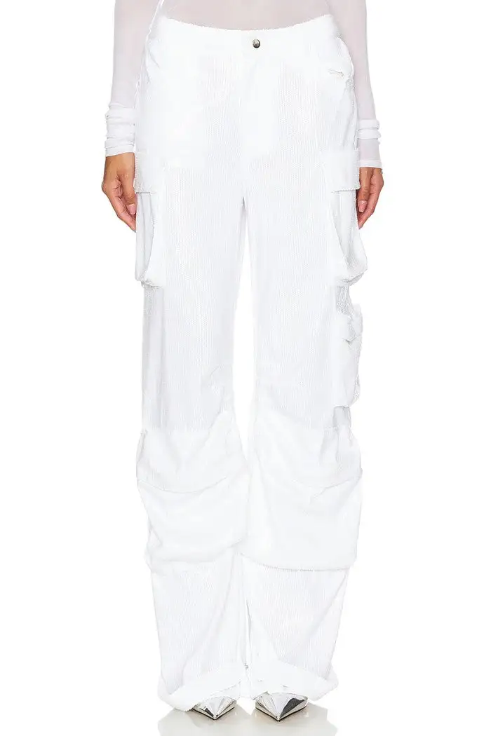 White Sequin-Embellished Wide-Leg Pants