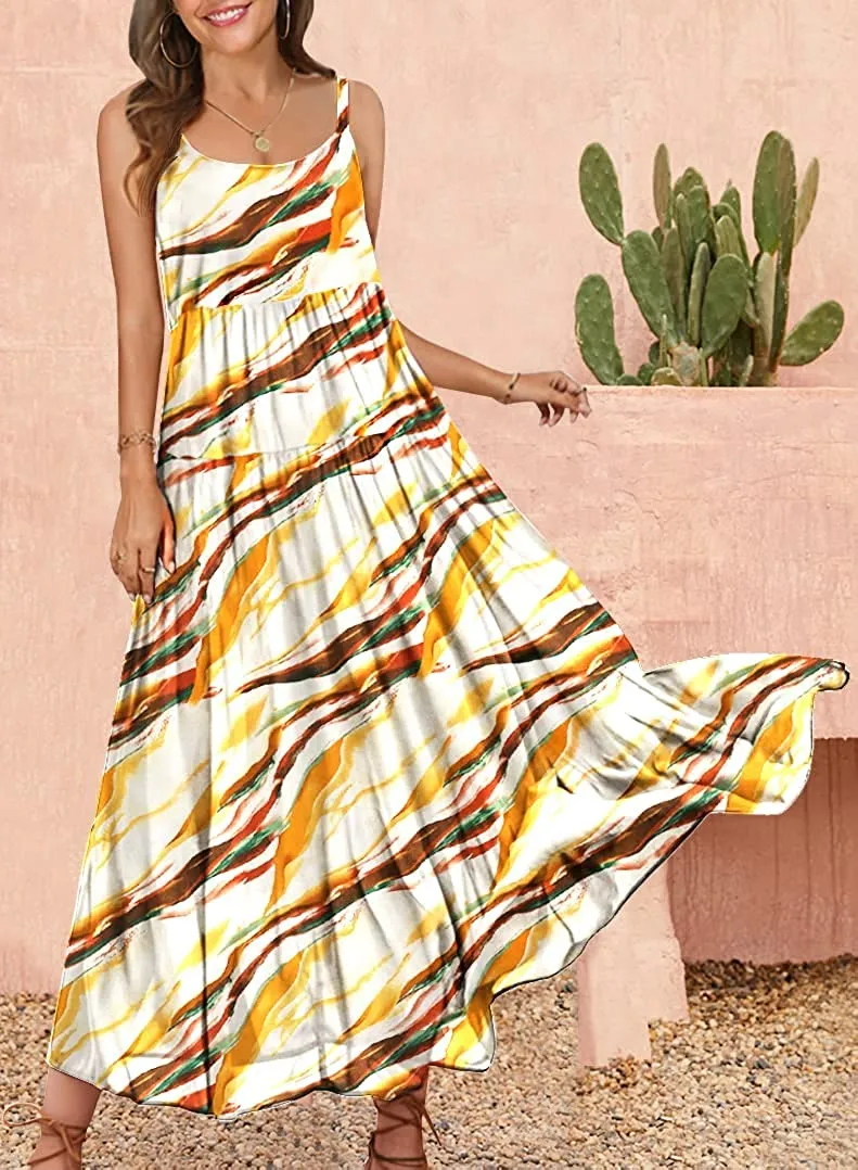 Summer Dresses for Women Casual Loose Bohemian Floral Dress with Pockets Spaghetti Strap Maxi Dress E75