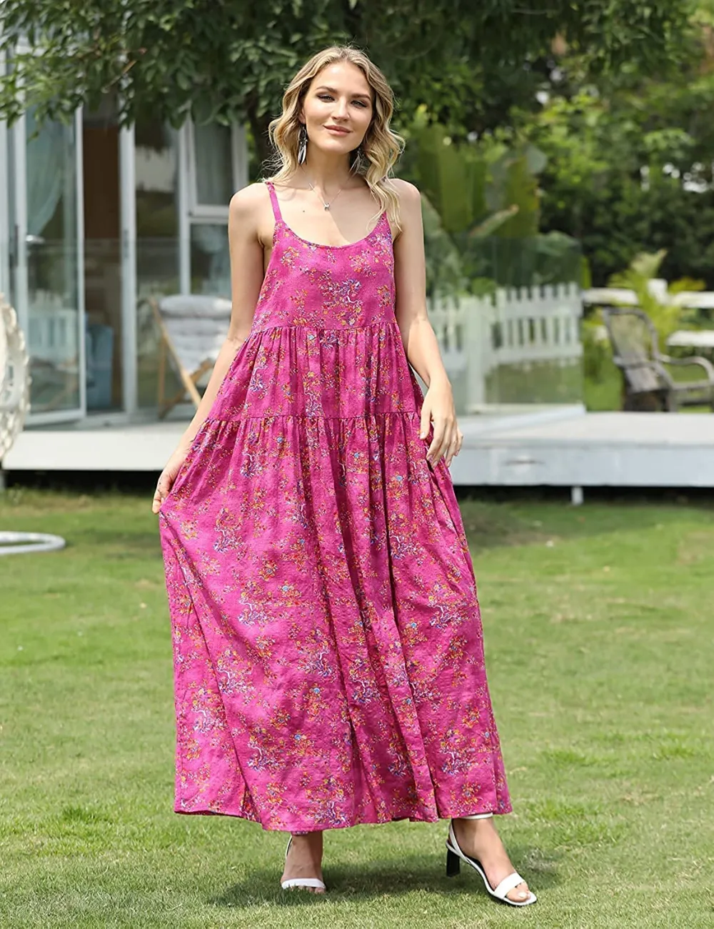 Summer Dresses for Women Casual Loose Bohemian Floral Dress with Pockets Spaghetti Strap Maxi Dress E75