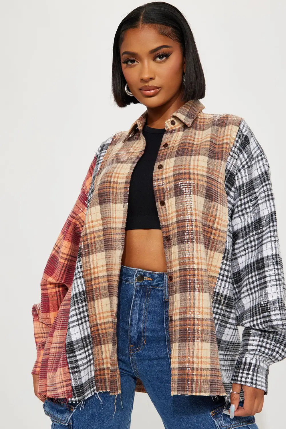 Street Queen Sequin Plaid Shirt - Multi Color
