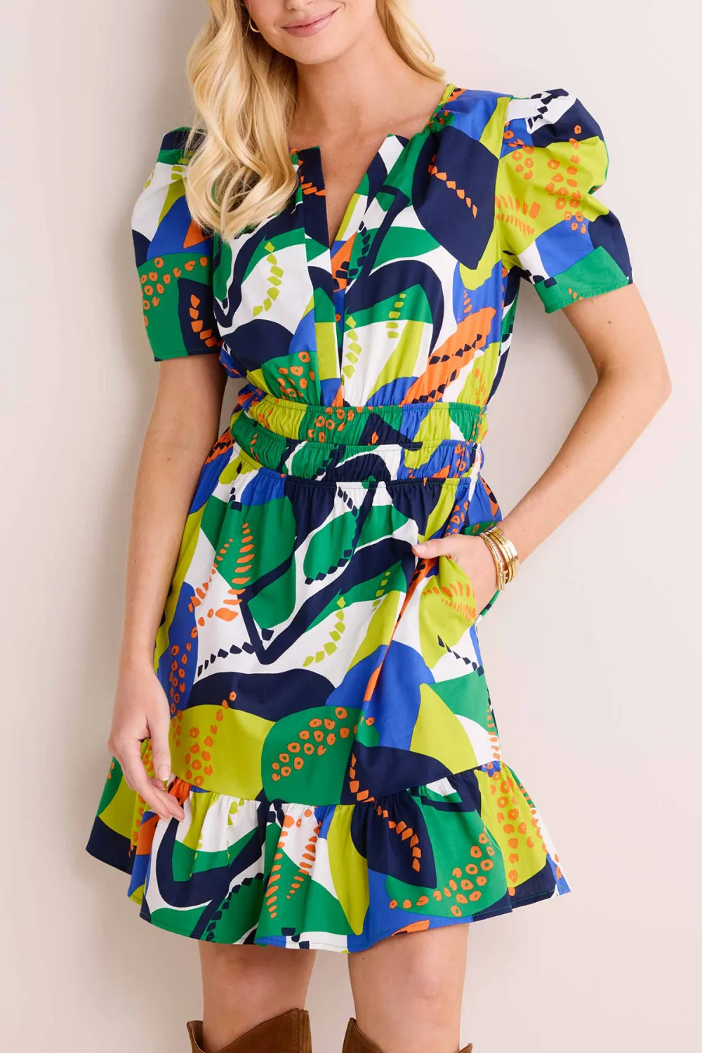 Multi Abstract Print V-Neck Short Sleeve Dress