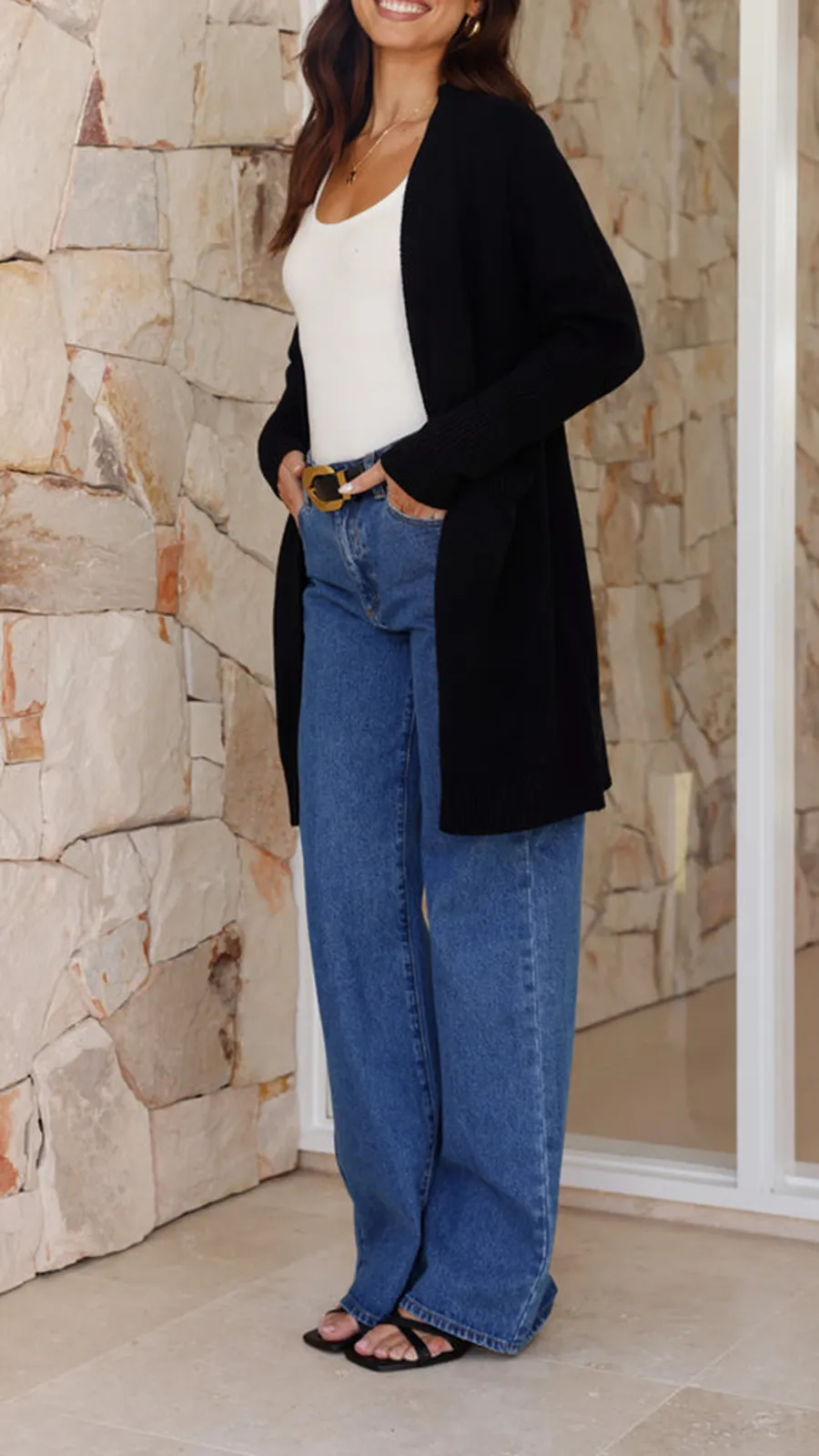 Black Knitted Mid-Length Coat With Pockets