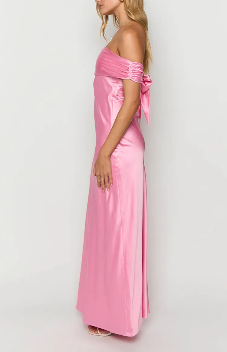 Off  Shoulder Pink Satin Maxi Dress