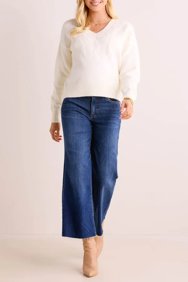 White Cable Knit V-Neck Sweater