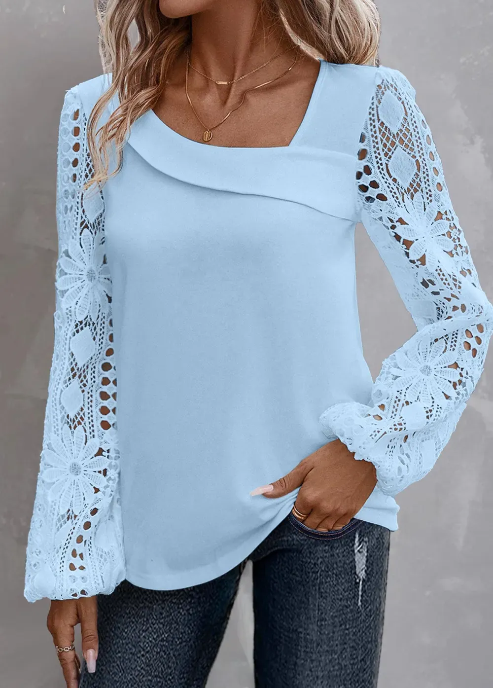 Light Blue Lace Long Sleeve Asymmetrical Neck Blouse