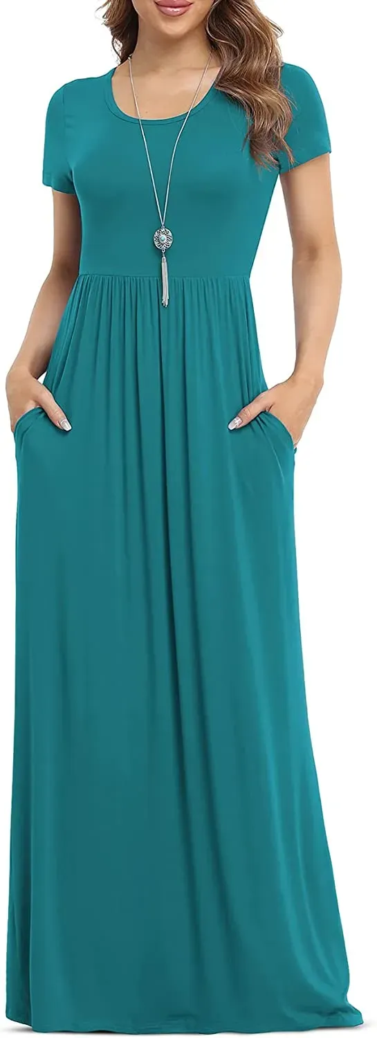 Women's Short Sleeve Loose Plain Maxi Dresses Casual Long Dresses with Pockets