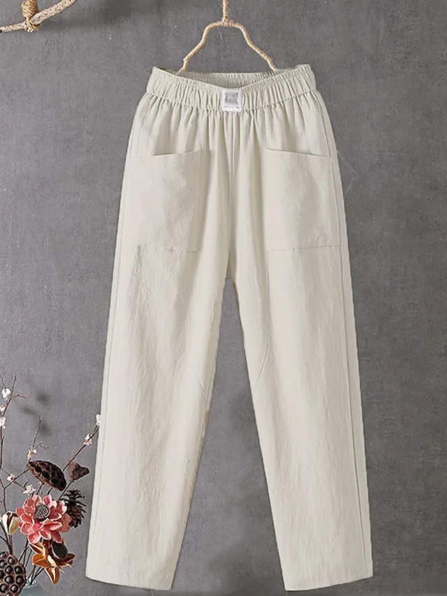 Women's Linen Pants Chinos Pants Trousers Cotton Solid Color Side Pockets Baggy Ankle-Length Micro-elastic Mid Waist Fashion Work Casual Black White M L Summer Spring &  Fall